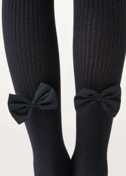 Gerippte Baumwollstrumpfhose mit Schleife für Mädchen
