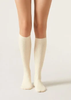 Lange gerippte Damensocken mit Wolle und Kaschmir