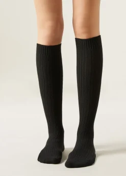 Lange gerippte Damensocken mit Wolle und Kaschmir
