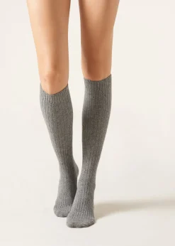 Lange gerippte Damensocken mit Wolle und Kaschmir