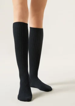 Lange gerippte Damensocken mit Wolle und Kaschmir