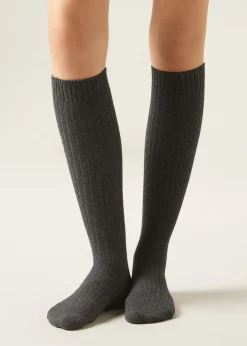 Lange gerippte Damensocken mit Wolle und Kaschmir